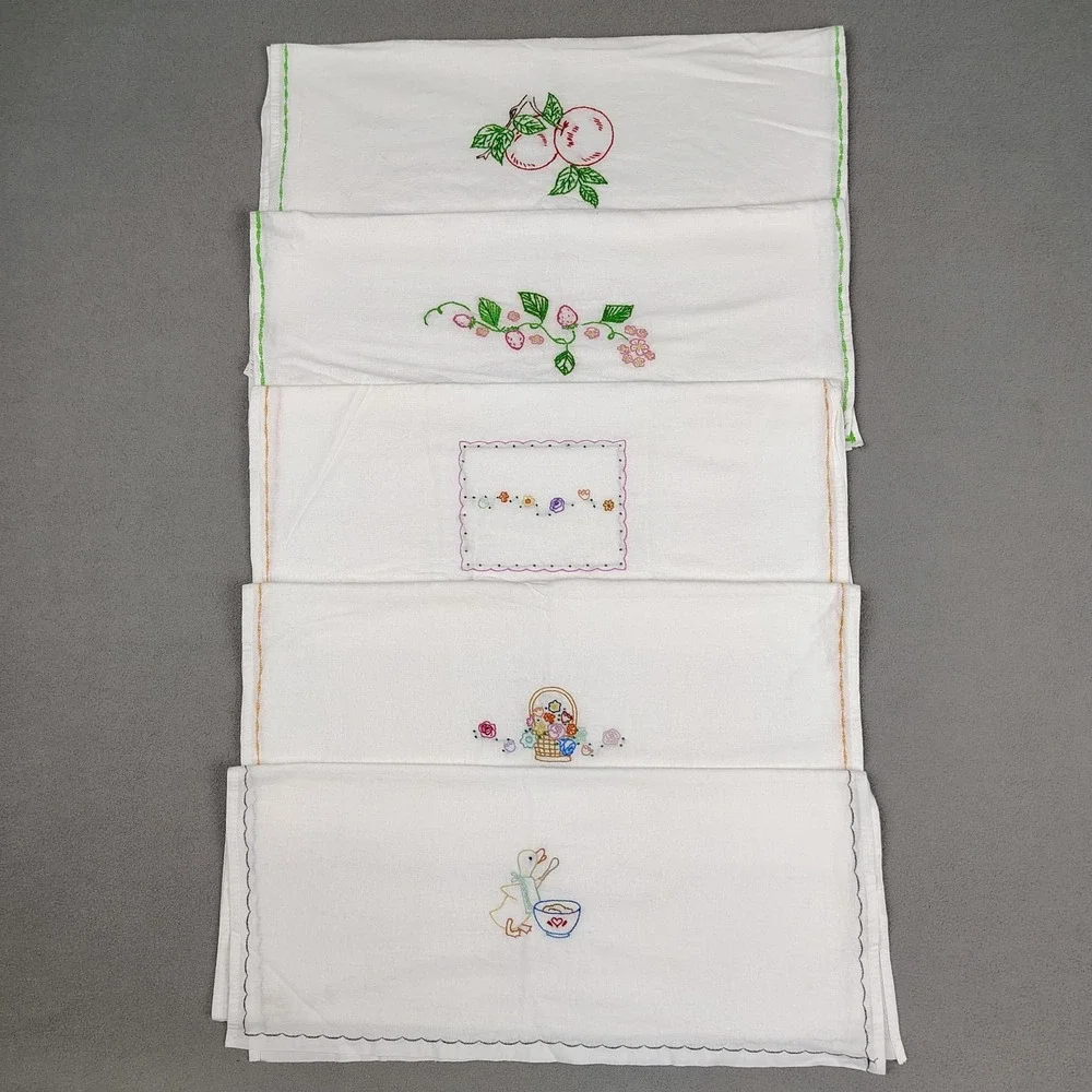 Vintage Embroidered Kitchen Towel Set (5) Floral Fruits Cross Stitch LARGE 21x36